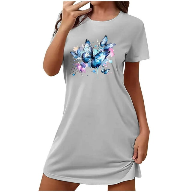 Tauxra Chemise de Nuit à Manches Courtes pour Femmes Coupe Ample Robe de Nuit avec Imprimé Col Rond Chemise de Nuit Décontractée pour Femmes Grande Taille p-TTG