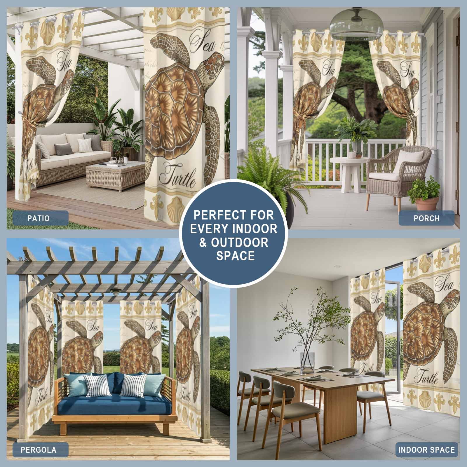 Retro Nautical Outdoor Curtains for Patio, Ocean Beige Brown Sea Turtle Seashell Ship Sunshade Privacy Drapes Grommet Waterproof Outside Curtains for Porch/Cabana/Balcony 54"x 108", 1 Panel