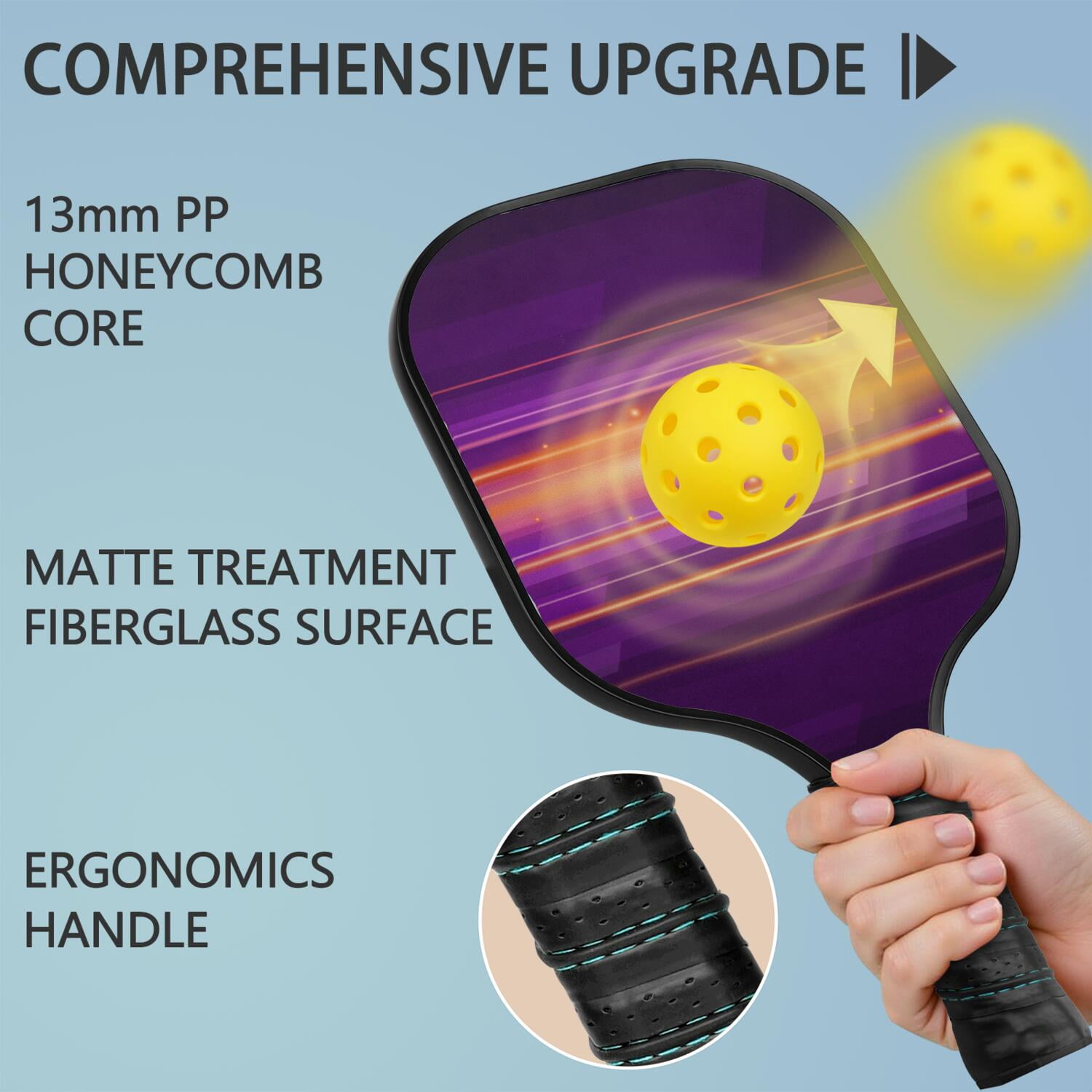 Pickleball Paddles Set Of 1, Fiberglass Surface, Speed, Lightning, Thunder Print, 1 Paddle, 2 Balls & Bag