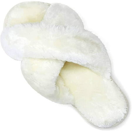 

Womens Fuzzy House Slippers Cross Band Cozy Furry Plush Spa Slippers Sandals Memory Foam Soft Warm Flats Anti-Slip Indoor Outdoor Slides Shoes