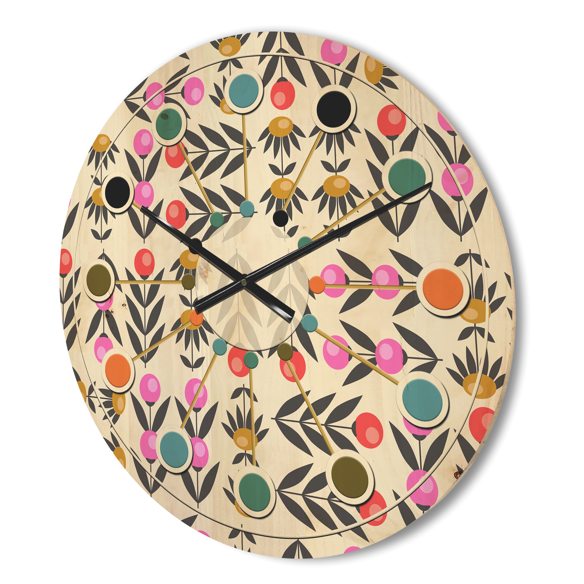Designart 'Abstract Retro Floral Design XI' Mid-Century Modern Wood Wall Clock
