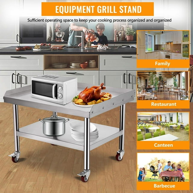 GloryStar Stainless Steel Grill Stand Table,36"x28",1500 Lbs Load Rating,Antimicrobial Surface,3" Curved Edge & Locking Casters,Commercial Kitchen Equipment
