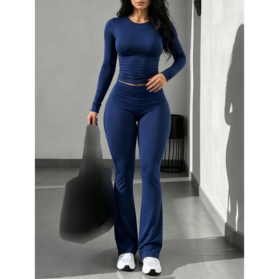 Women's Round Neck Long Sleeve Side Ruched Fitted Top & High Waist Flared Pants Casual 2 Piece Outfit Set