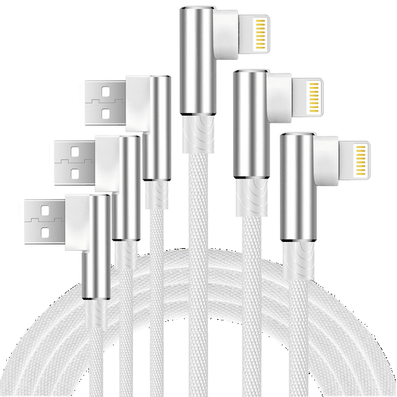 [3 Pack] ACE 90 Degree Right Angle Lightning Charger 3ft,6ft,10ft Fast Charging Data Cable Nylon Braided Compatible with Lightning12/11/Xs Max/XS/XR/7/7Plus/X/8/8Plus/6S/6S Plus/SE(Silver)