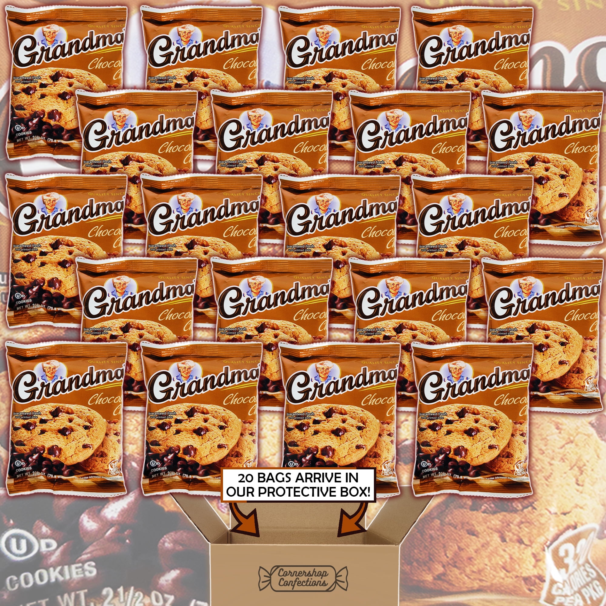 Grandma's Chocolate Chip Cookies Bulk Pack - 20 Individually Sealed 2.5 ounce Bags, Each With 2 Large Cookies - For Birthdays, Lunchboxes, Work Snacks, Road Trips in Cornershop Confections Pack
