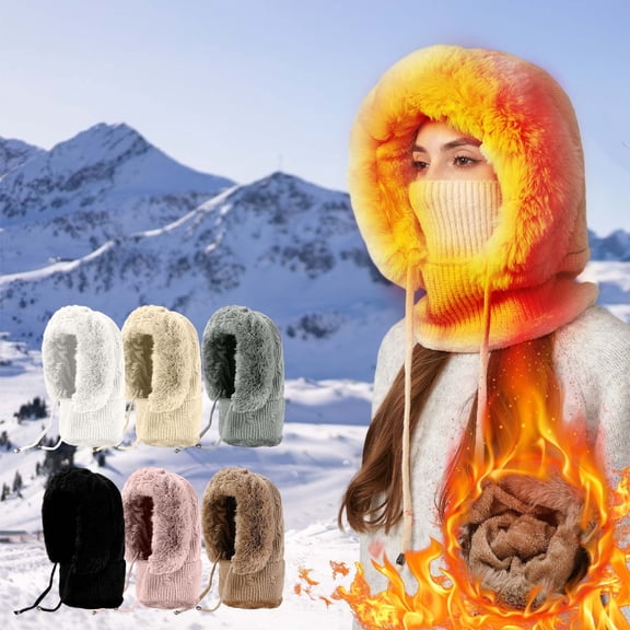 Upgraded 3-in-1 Fleece-Lined Knit Hat - Scarf & Mask Combo, Windproof Warm Balaclava with Fuzzy Collar, Adjustable Drawstring, Durable Winter Hat for Women & Cold Weather Activities, B