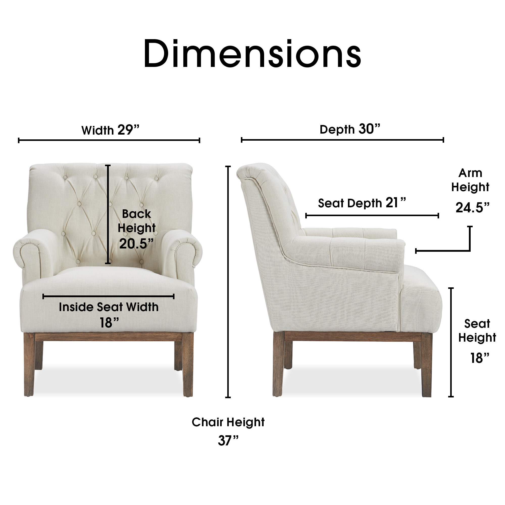 Finch Westport Tufted Upholstered Accent Chair with Wooden Legs, Ivory