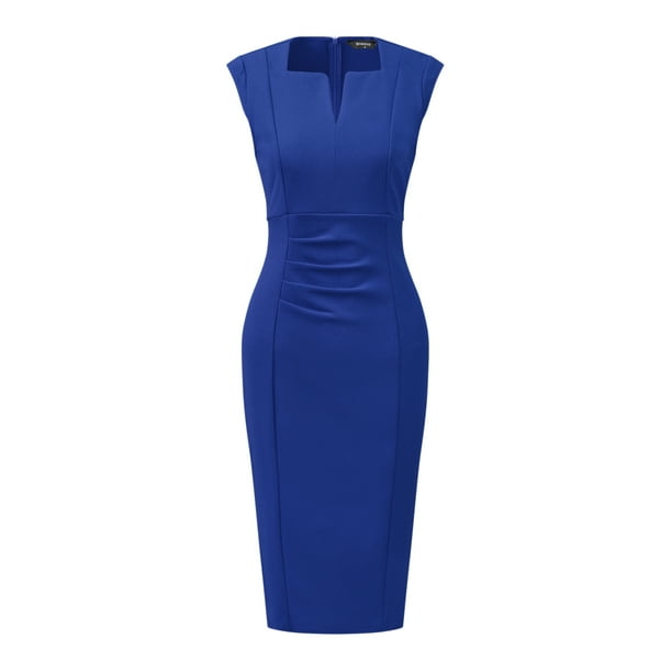 Vestido de trabajo Allegra K oficina cuello en V manga casquillo plisada Azul Real XL