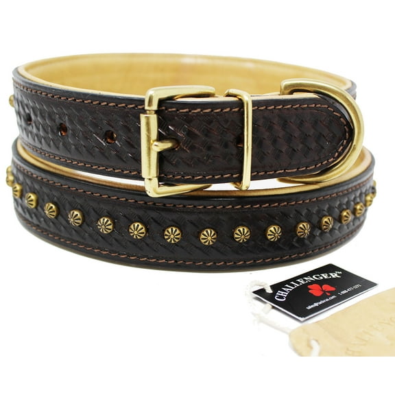 Large 21''- 25'' Soft Genuine Leather Star Padded Dog Puppy Collar 60AA201BR