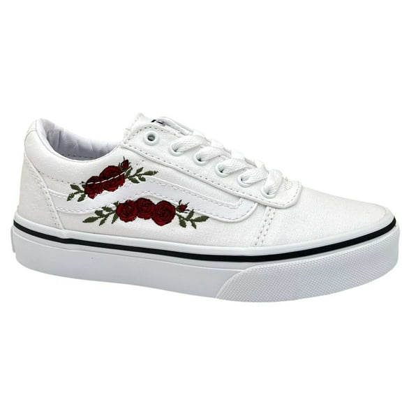 Vans Little Girl's Canvas Casual Shoes Size 13 White-Red Rose Embroidery Lace up