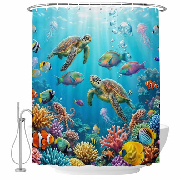 Ocean Sea Turtle Shower Curtain, Waterproof Shower Curtains for Bathroom, Blue Coastal Fish Coral Jellyfish Marine Life Washable Fabric Bathtub Curtain Set Bath Decor with 12 Hooks 48"x72"