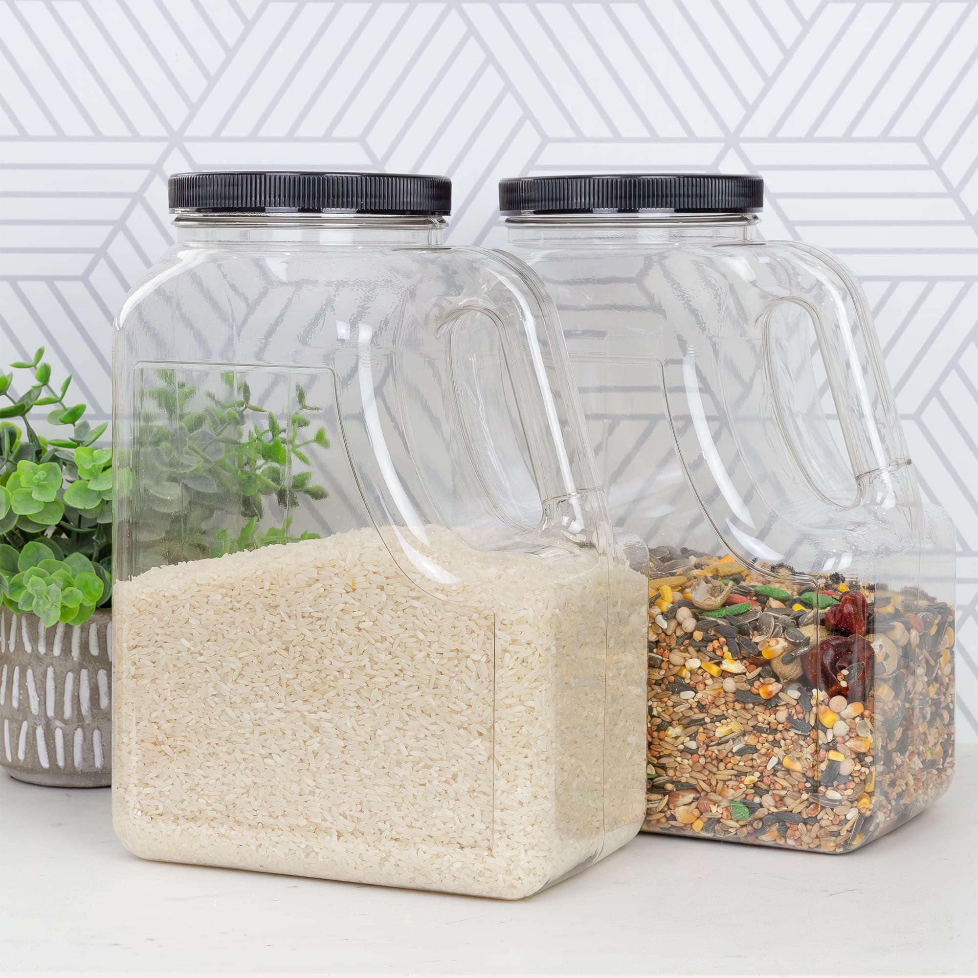 Cornucopia Brands Clear Plastic Gallon Jar w/ Handle and Airtight Lid (2-Pack) for Bulk Food, Craft Supplies, Paint and Detergent Storage and More