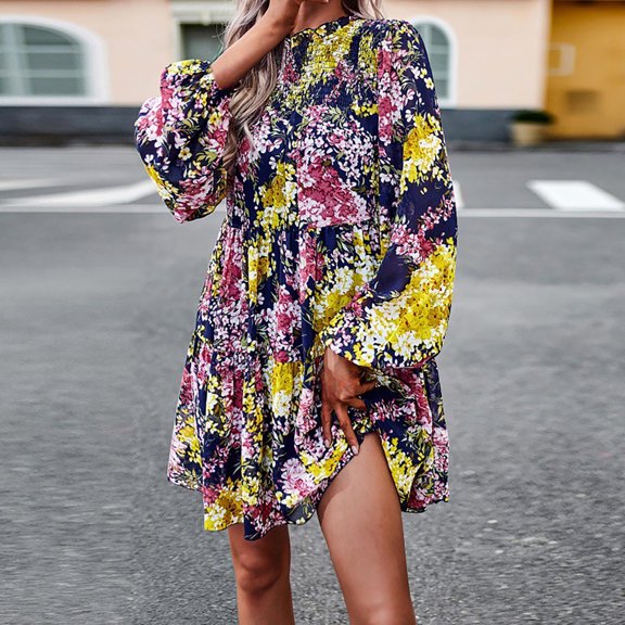 Lilgiuy Trendyable Women's Casual Spring/summer V-neck Long Sleeved Printed Dress for Work Office Business