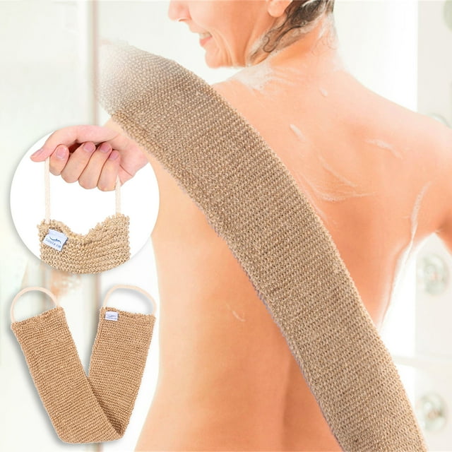 VBXOAE Bath Towel Pull Back Strap with Matching Exfoliating Glove Natural Fiber 26 Inches Long Coverage Easy to Use with Two Handles Quick Drying and Machine Washable