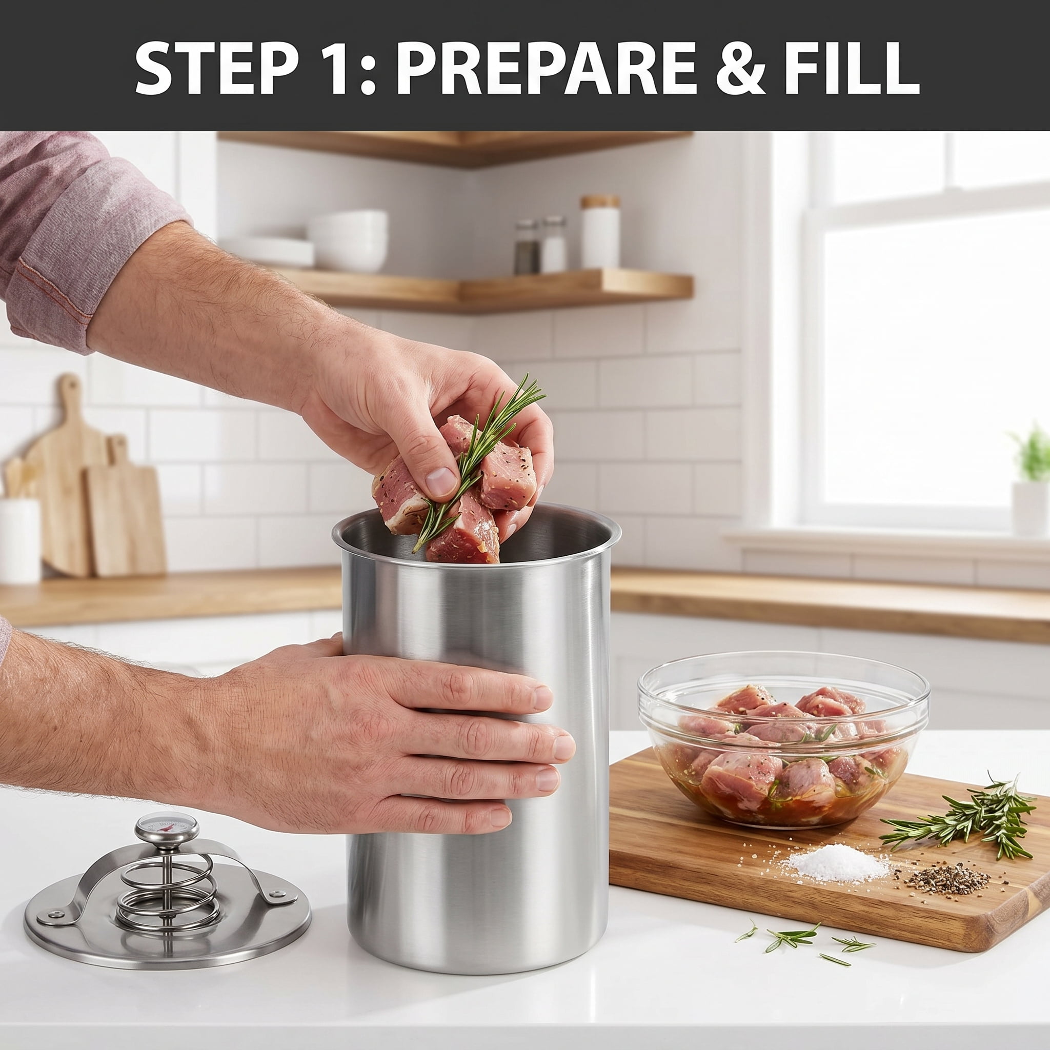 Stainless Steel Ham Maker Meat Press Cooker with Thermometer, DIY Homemade Deli Meat Mold for Bacon and Ham Making, Kitchen Use