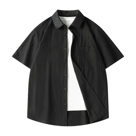 LADIGASU Men Solid Color Pocket Button Short Sleeve Turndown Collar Shirt
