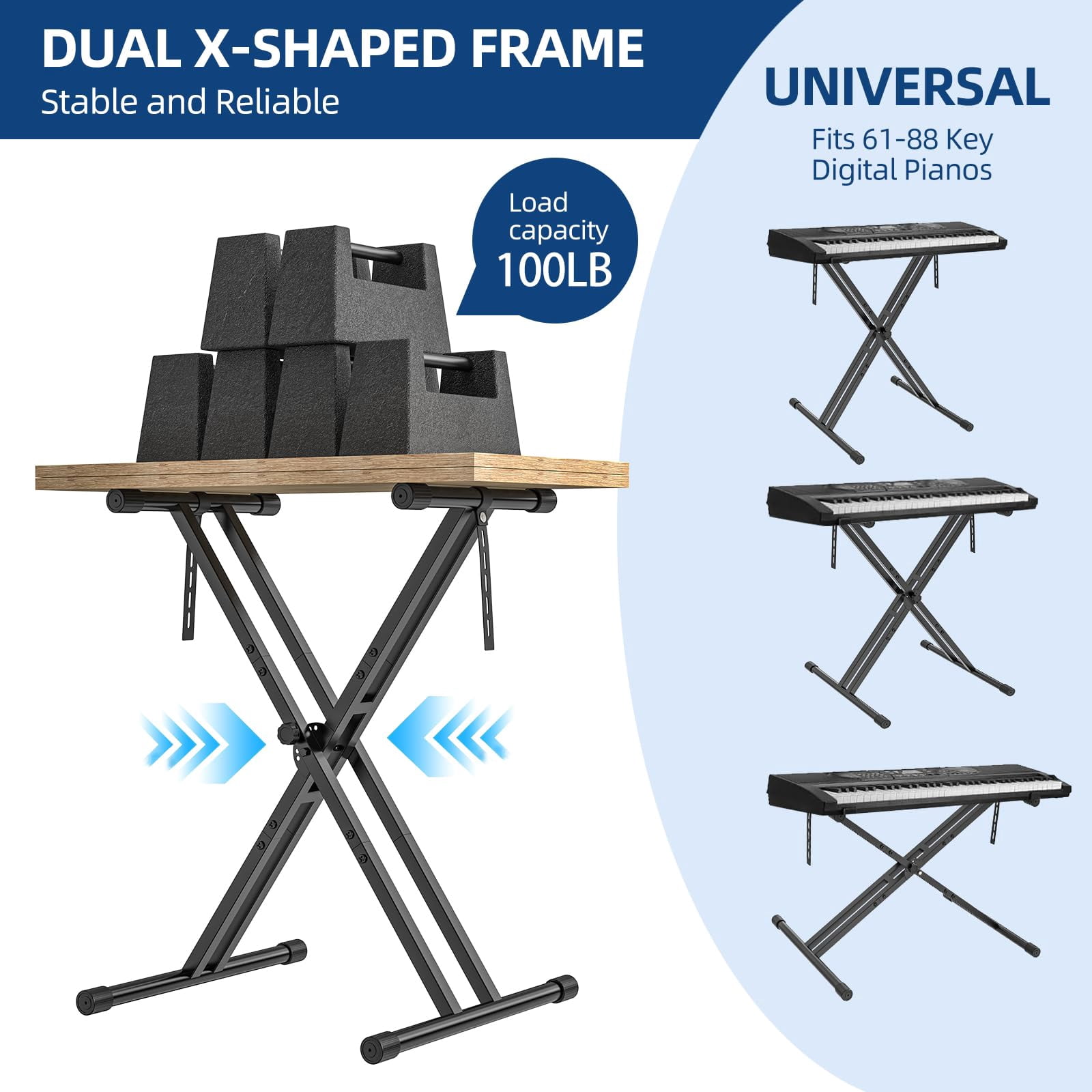 Keyboard Stand  Iron Digital Piano With Locking Straps - Heavy Duty Double X Style Fits 54-88 Key Electric Pianos Dj Turntables Synths And Midi Keyboards. Load Capacity 100lb