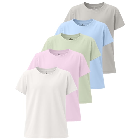 Real Essentials 5 Pack: Girls' Short Sleeve Dry-Fit Athletic T-Shirt - Active Gym Crew Neck Tops for Teens Kids (Ages 4-16)