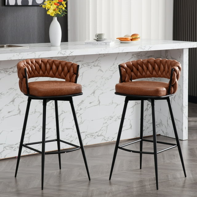 Modern 26" Bar Stools Set of 2, Counter Height Barstools with 180° Swivel and Woven Back, Upholstered Bar Chairs for Kitchen Island, Cafe, Pub, Bar Counter, Whiskeybrown