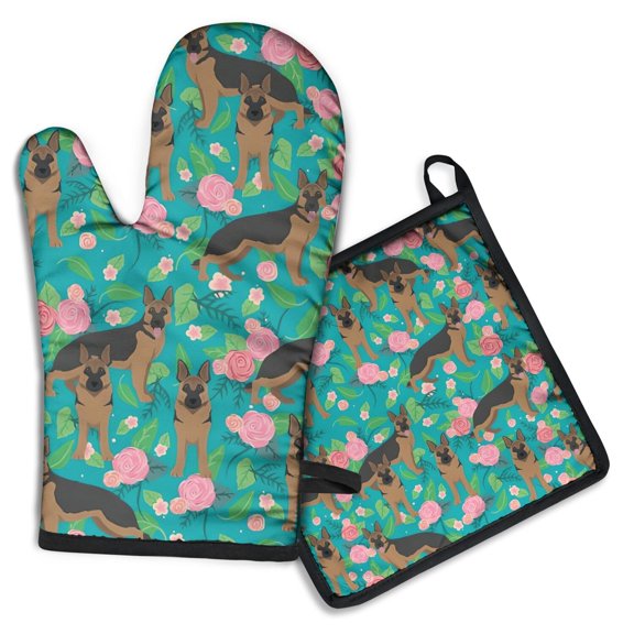 German Shepherd Dog and Flower Kitchen Oven Mitt and Pot Holder Sets 2 Pcs for Baking, Cooking and Grilling, Heat Resistant Up To 392 °F