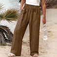 thumbnail image 4 of Htigea Womens Straight Leg Gauze Pants Elastic Waist Cotton Linen Slacks Summer Lightweight Beach Vacation Pant with Pockets Coffee M, 4 of 6