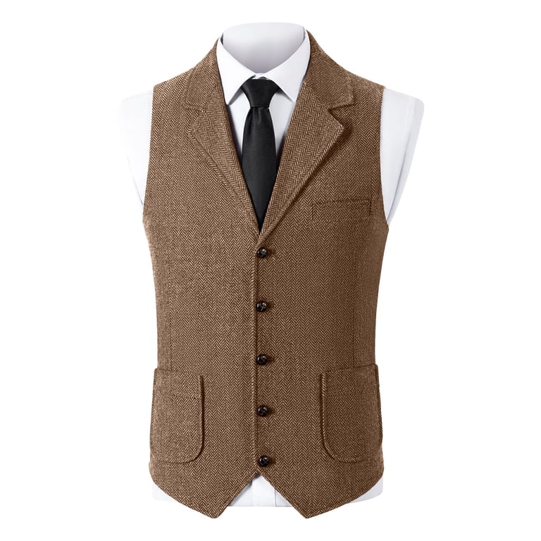 Men's Herringbone Tweed Vest - Vintage Lapel Waistcoat For Weddings, Parties & Business (Sizes XS-5XL)