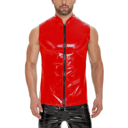 

KDJ Mens Shiny Wet Look Sleeveless Tank Top Lapel Vest Nightclub Dancing Costume