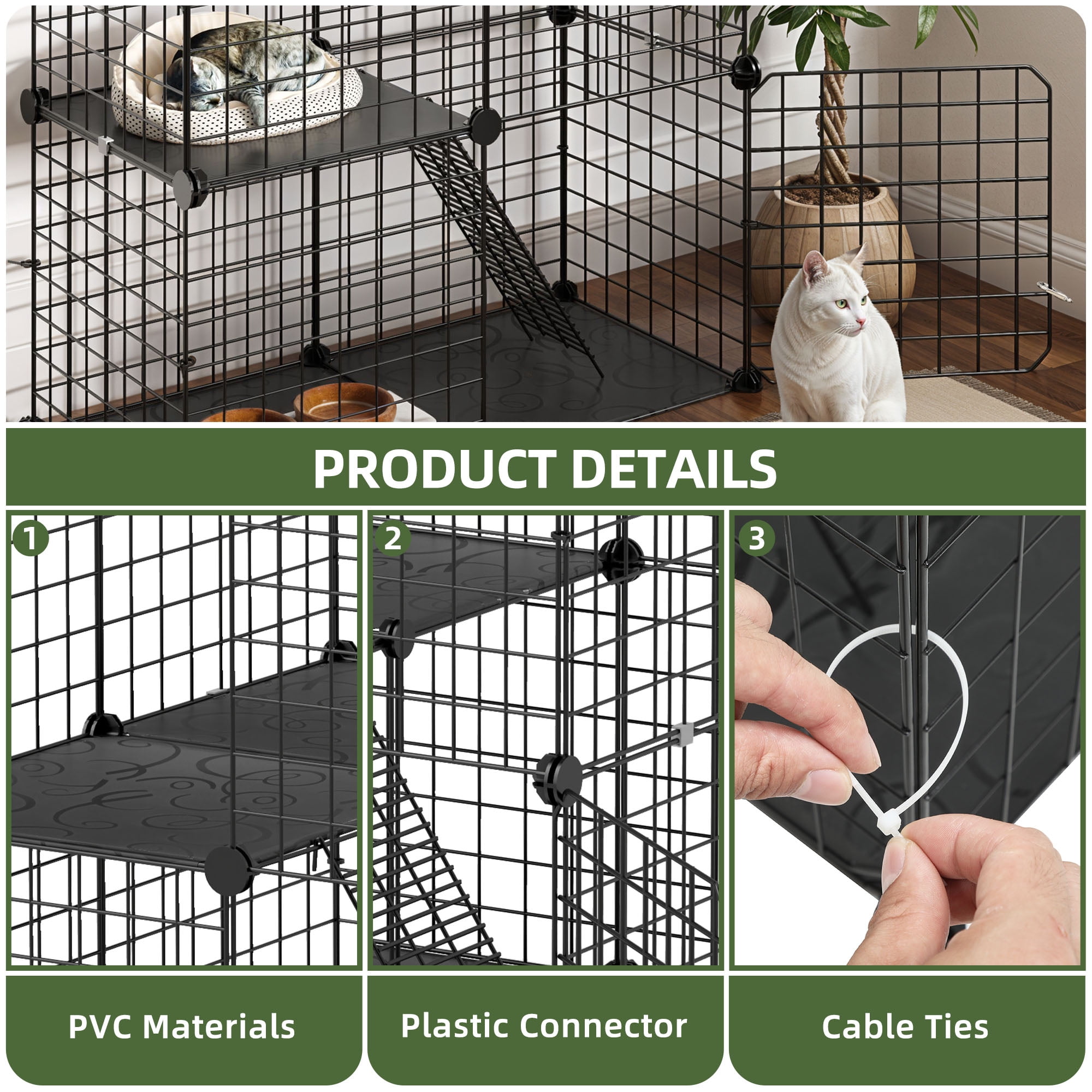 Uforic 2-Tier 28" Cat Cage & Playpen – Metal Indoor Enclosure for 1-2 Cats and Kittens – for Travel and Camping, Black