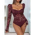 thumbnail image 3 of Women'S Sheer Floral Lace Long Sleeve Bodysuit Top Sweetheart Neck Bodysuit Wine Red L, 3 of 8