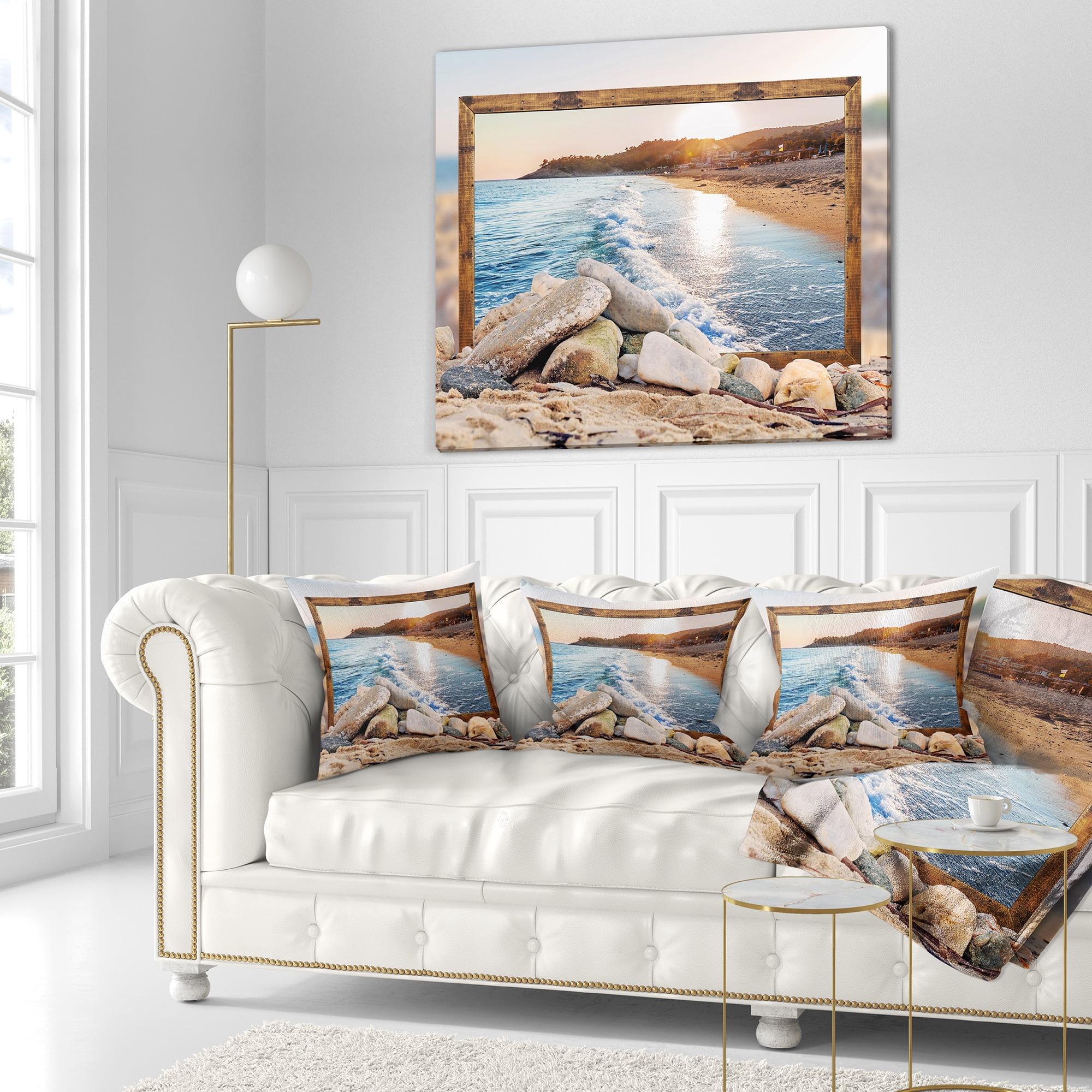 Designart Framed Effect Rocky Beach - Seashore Throw Pillow - 16x16