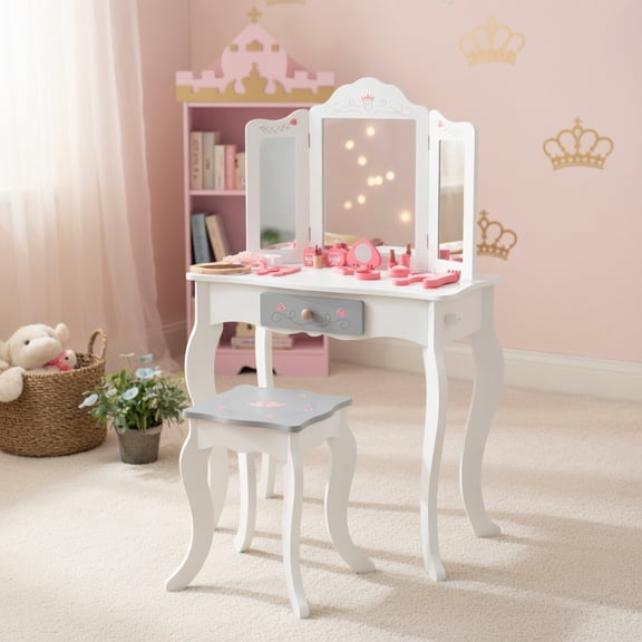 Resenkos Kids Vanity Set with Tri-folding Mirror-White, Kids Makeup Vanity for Girls Kids