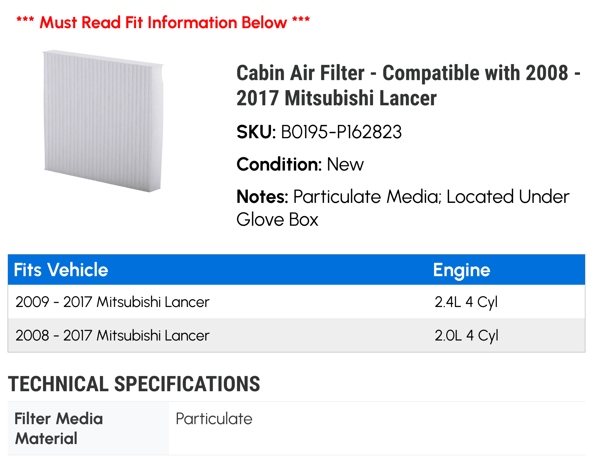 Cabin Air Filter - Compatible with 2008 - 2017 Mitsubishi Lancer 2009 2010 2011 2012 2013 2014 2015 2016
