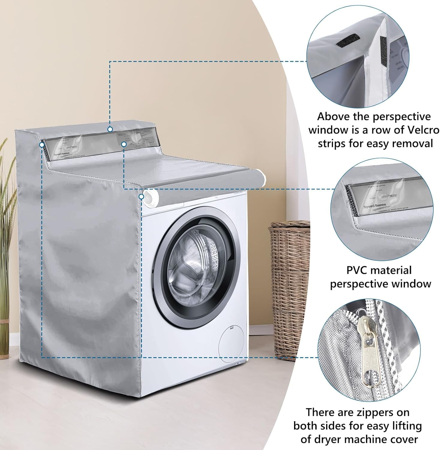 ABPETE 1 Pack Washing Machine Cover, Waterproof Dustproof Washer Dryer Cover with Zipper and Perspective Window ,Fit for Front Load or Top Washer and Dryer 27"Wx26"Dx43"H,Silver