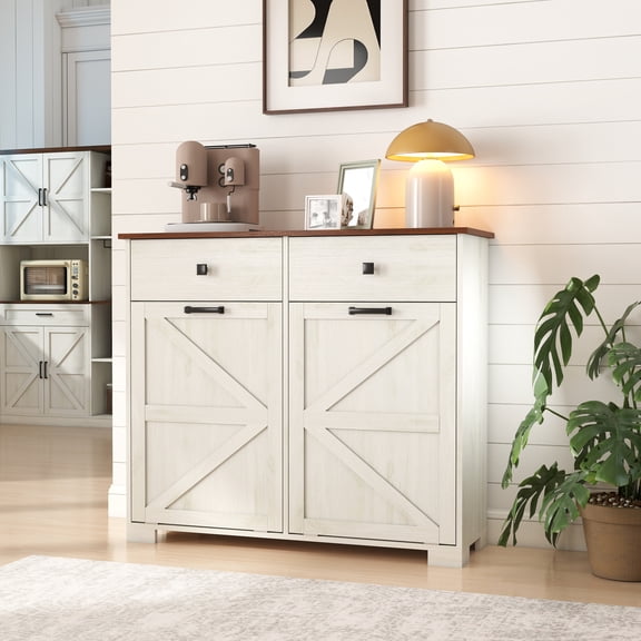 Noble House Farmhouse Double Tilt-Out Trash Cabinet with Drawers, Laundry Sorter Cabinet, Antique White & Brown