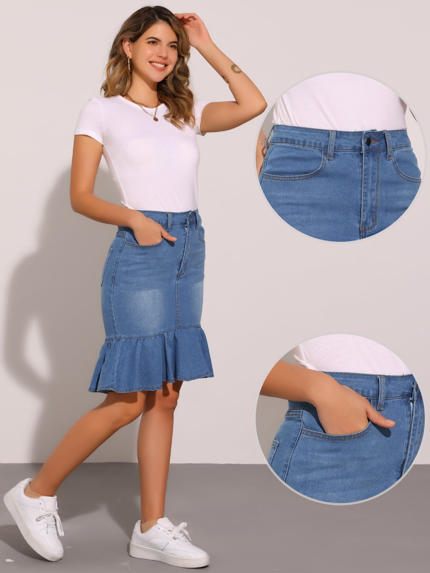 DARING DIVA Women's Bodycon Fishtails Ruffled Knee Length Jean Skirt XL Light Blue