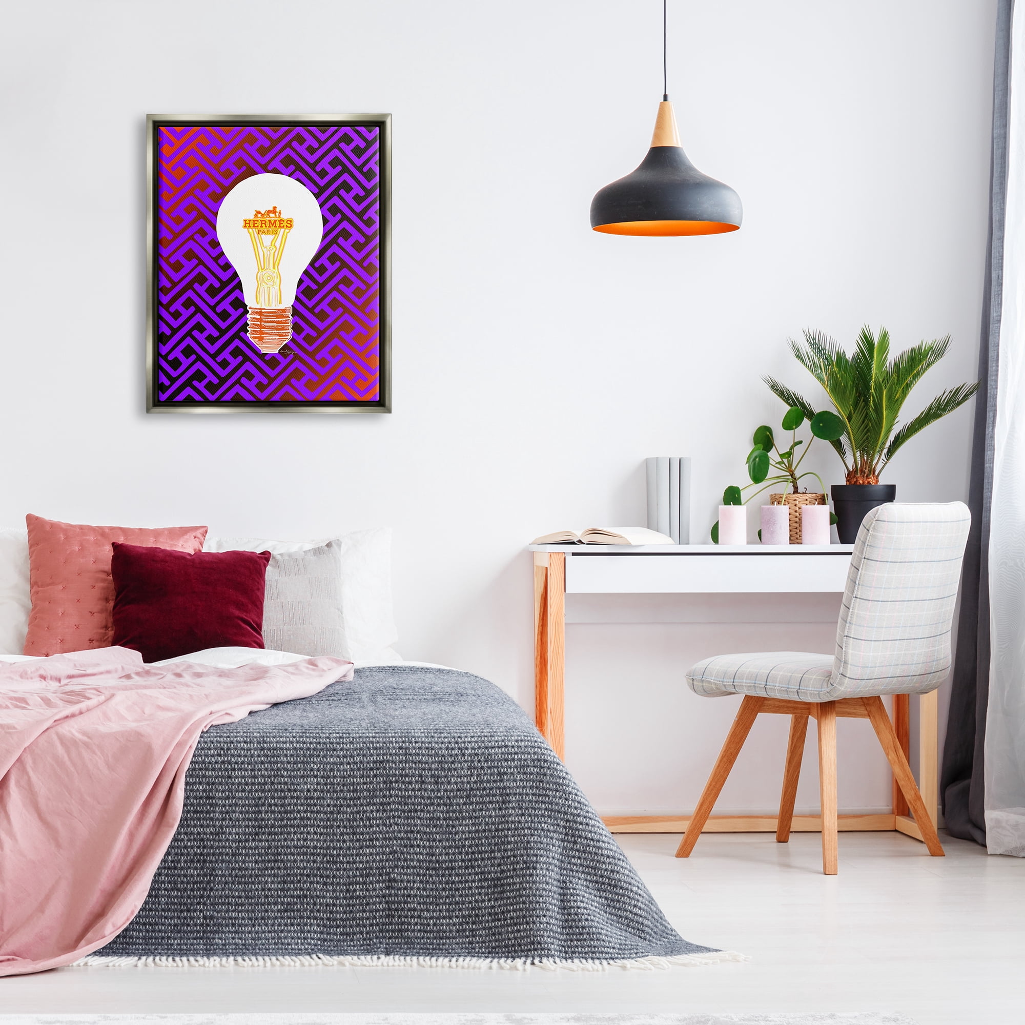 Stupell Industries Patterned Glam Lightbulb Beauty & Fashion Painting Gray Floater Framed Canvas Art Print Wall Art, 25 x 31
