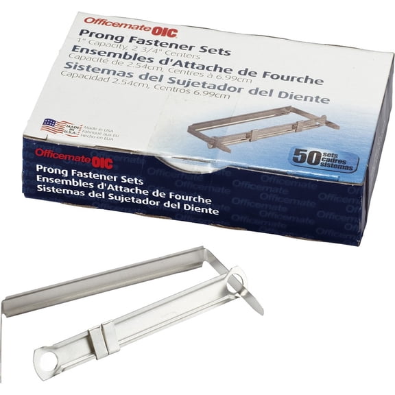 Officemate Prong Paper Fasteners, 1 inch Capacity, 2.75 inch Base, Box of 50 Complete Sets, Silver (99851)