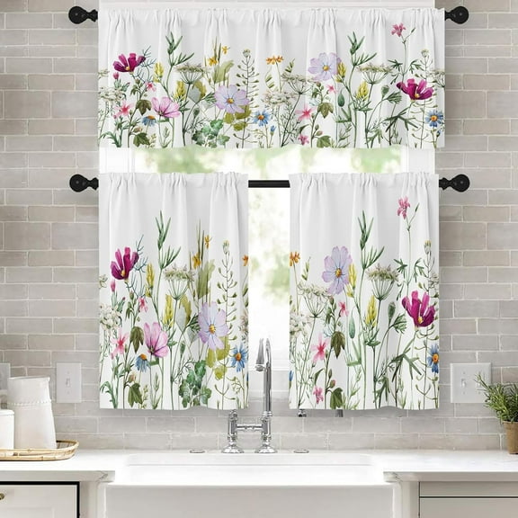 Spring Flower Kitchen Window Curtains Valance and Tier Set 36 Inch, Pink and Purple Floral 3 Piece Set Short Curtains for Window, Summer Window Treatment Tiers for Living Room Bedroom