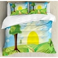 thumbnail image 1 of Country Duvet Cover Set King Size, Landscape of Hills Covered with Green Grass and Colorful Flowers with Sunrise View, Decorative 3 Piece Bedding Set with 2 Pillow Shams, Multicolor, by Ambesonne, 1 of 3