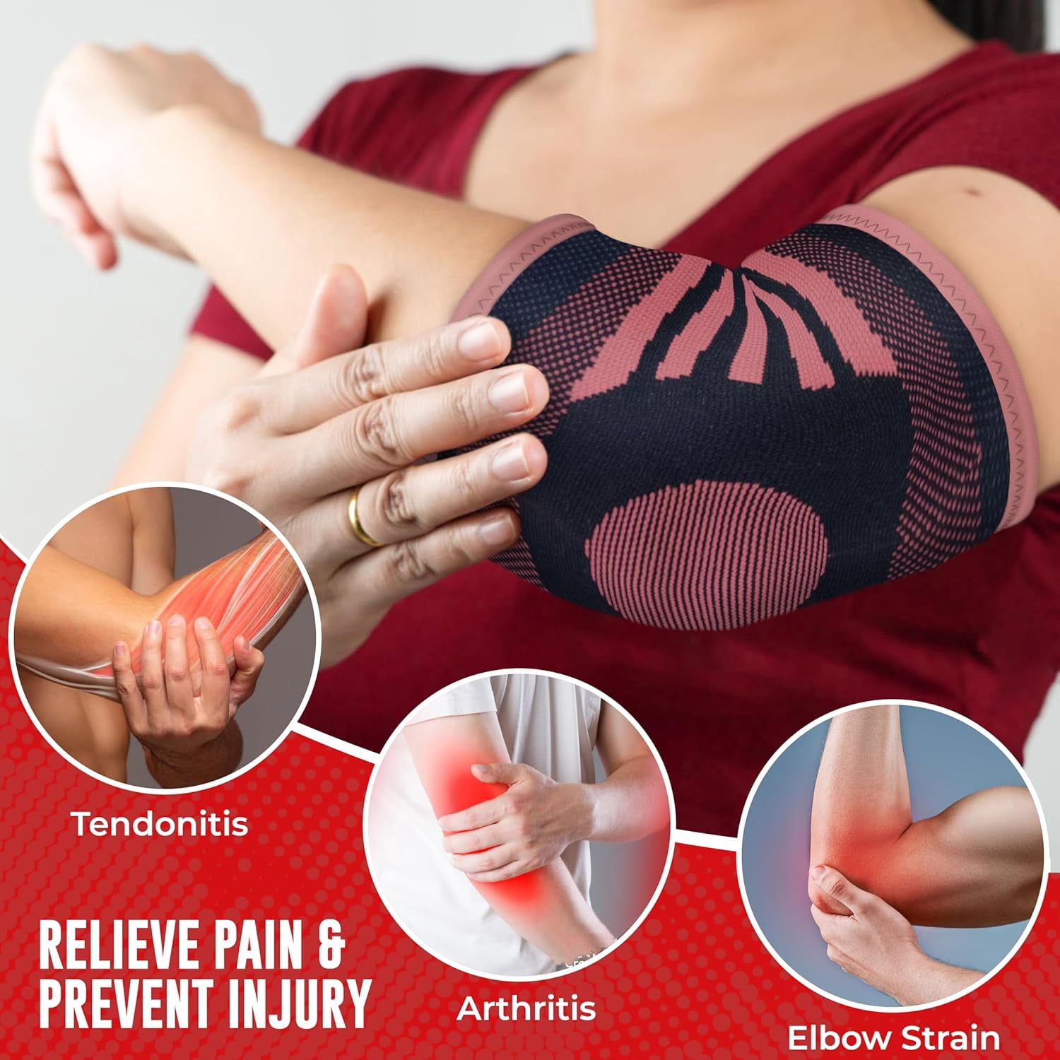 Nordic Lifting Elbow Brace, Elbow Sleeve for Men & Women, Tennis Elbow Brace for Tendonitis, Arthritis, Weightlifting, Golf, 1 Pair, Pink, Medium