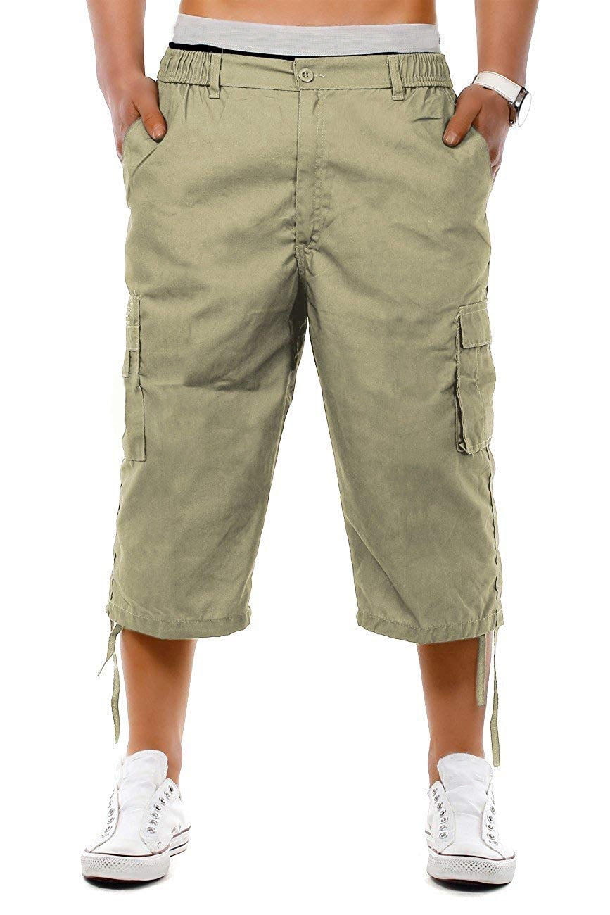 KEFITEVD Men's Casual Twill Elastic 3/4 Cargo Shorts Loose Fit Multi-Pocket Capri Long Short Pants