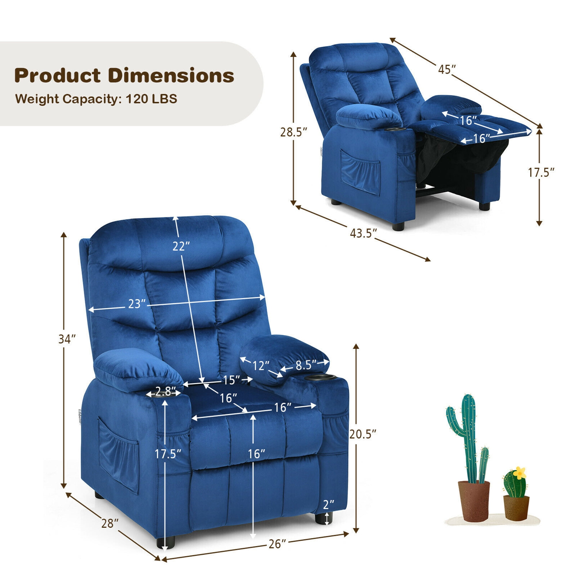 Gymax Kids Youth Recliner Chair Velvet Fabric w/Cup Holder & Side Pocket Blue