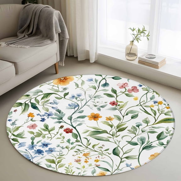 Botanical Flower Round Area Rug 4 FT, Non Slip Indoor Outdoor Rug, Plant Tree Branch Floral Spring Leaf Washable Soft Circular Carpet Non-Shedding Floor Mat for Coffee Table Nursery Foyer Balcony