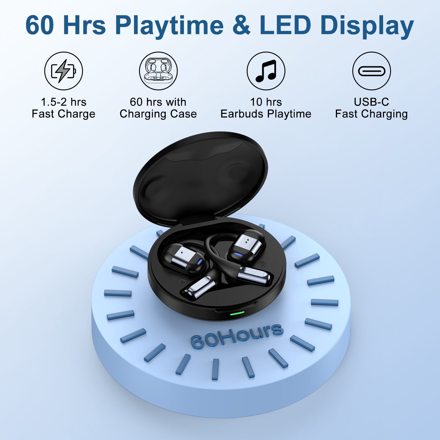 Wireless Earbuds,Bluetooth 5.3 Headphones for iPhone Android 60Hrs Playtime Waterproof IPX5 Open-Ear Stereo Earphones Headset Noise Cancelling True Wireless Earbuds with Ear Hooks&Charging Case,Black