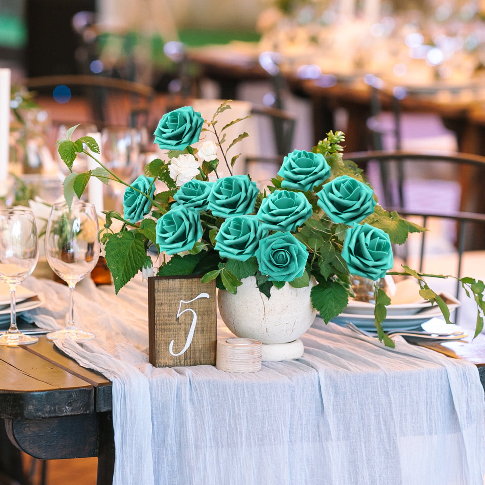 50 PCS Dark Turquoise Artificial Flowers Real Looking Faux Foam Fake Roses with Stems for Wedding Decoration Bridal Shower Centerpieces Arrangements Party Tables Decor