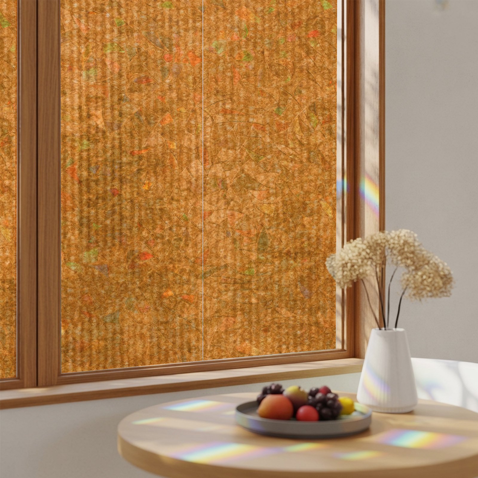 Window Privacy Film Burnt Orange Stained Glass Rainbow Film Bright Orange Stripes Ribbed Lines Vertical Texture Decorative Window Clings Static Cling Sun Blocking Stickers For Bathroom 23.6 x78.7