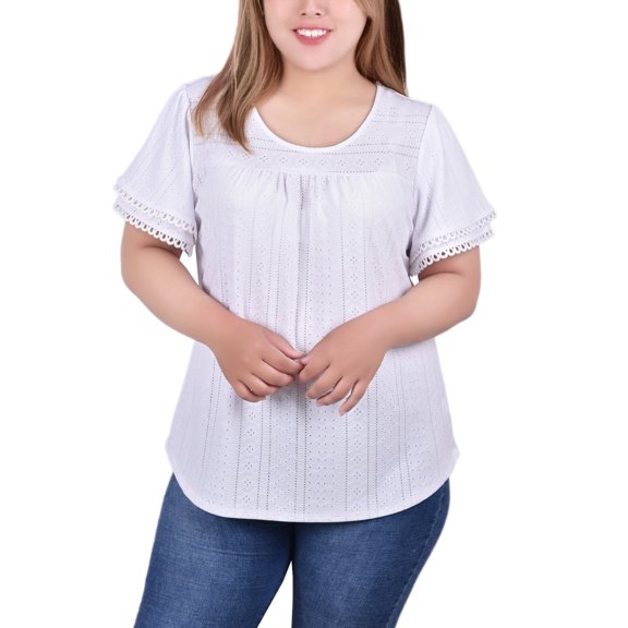 Double Flutter Sleeve Knit Eyelet Top