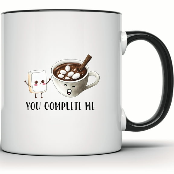 You Complete Me Hot Cocoa Mug - Cute Marshmallow Coffee Mug - Couple Gift - Funny Hot Chocolate Mug - Mug for Him and Her - 11 Ounce Black Rim Handle Novelty Coffee Cup - WMUG1567-BLK