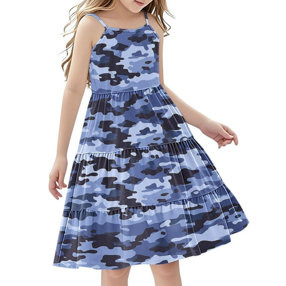 FamilyThread Girls Casual Camouflage Sleeveless Dresses Spaghetti Strap Summer Swing Twirly Sundress A-Line Dress For 4-14Y