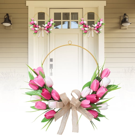 Artificial Tulip Wreath for Front Door, 15.7'' Pink Tulip Floral Spring Door Wreath with Metal Hoop & Burlap Bow, Fake Tulips for Outdoor Wedding Decor, Boho Easter Decor, Holiday Wall Party Supplies